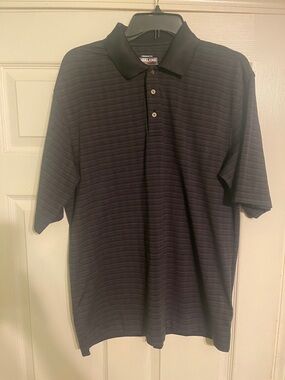 Kirkland Signature Men's Dark Navy Striped Polo with Black Collar